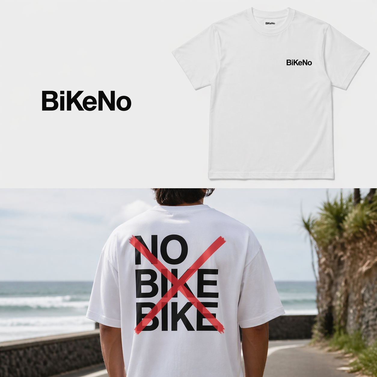 BiKeNo white oversized tee — front with chest logo and back with NO BIKE BIKE red cross print
